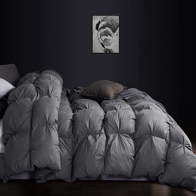 Luxurious Goose Down Feather Fiber Comforter King/California King Size Duvet Insert, Pinch Pleat Ruffled Twisted Flower, Premium Baffle Box, 100% Egyptian Cotton Cover, 75 oz. Fill Weight, Gray