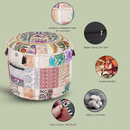 Aakriti Gallery Indian Pouf Footstool Ethnic Embroidered Pouf Cover, Indian Cotton Round Pouffe Ottoman Pouf Cover Pillow Ethnic Decor Art - Cover Only (White, 22x14)