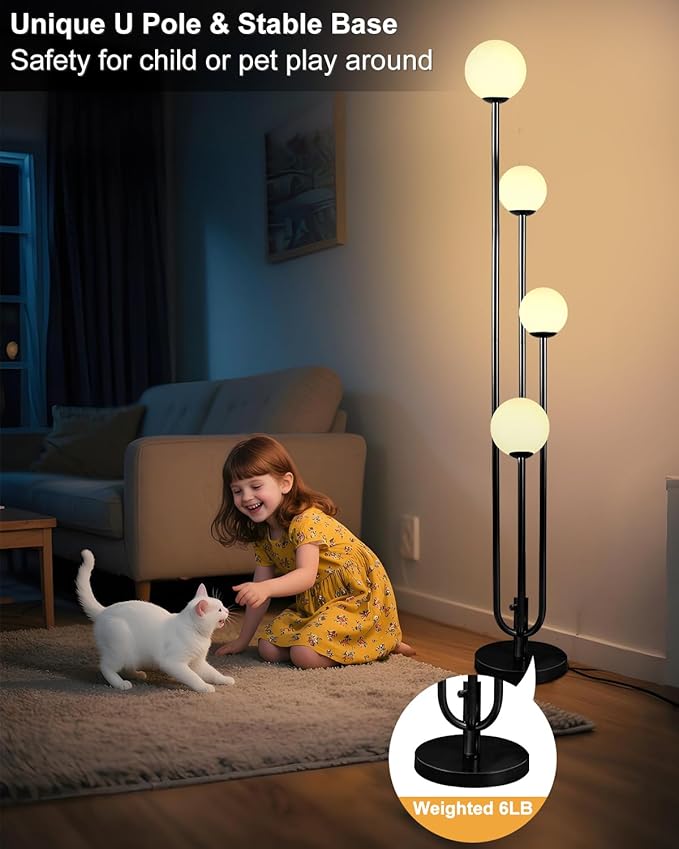 63IN 4-Light Dimmable Floor Lamp, Unique Black Tall Standing Lamps with Globe Shade &3000K G9 Bulbs for Reading, Mid Century Modern Floor Lamp for Living Room Bedroom Office