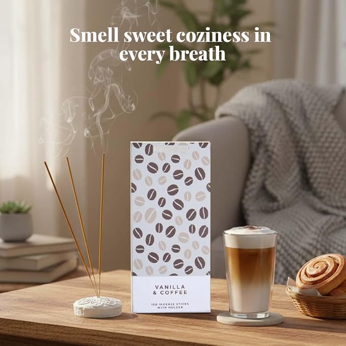 Folkulture Incense Sticks | Set of 120 Insence-Sticks with Holder for Relaxation | Vanilla & Coffee Incense| Organic, Slow Burning & Non Toxic Inscents | Bakery Inspired Sweet Fragrances