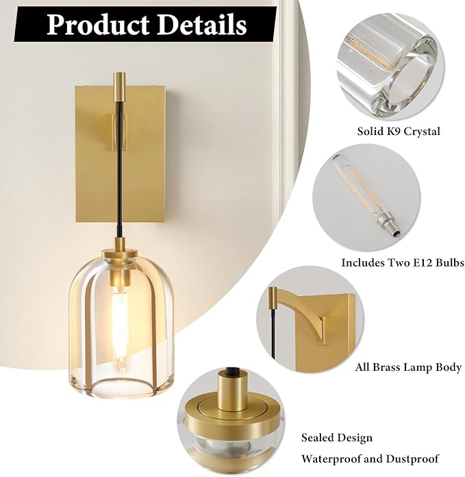 Crystal Brass Hemisphere Wall Sconce - Set of 2 Gold Brushed Dimmable Sconces with Bulbs - Luxury Indoor Lighting Fixture - Modern Hanging Light Decor for Bedroom Living Room Bathroom Vanity Hallway