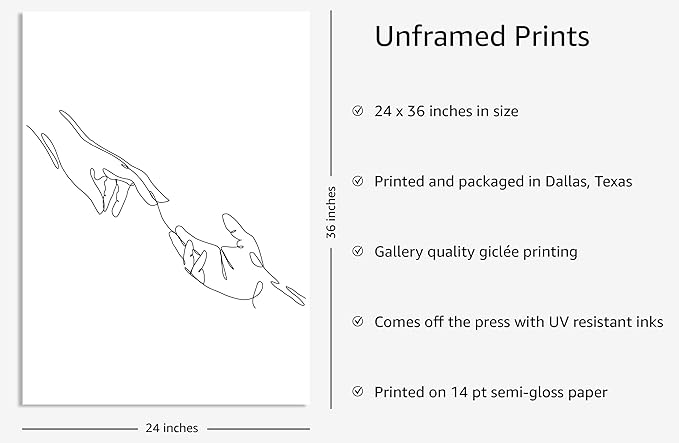 Y2K BOO Minimalist Reaching Hands UNFRAMED Wall Art Continuous Line Drawing Connection Symbol 24x36 Inch Heavyweight Paper Modern Studio Home Decor