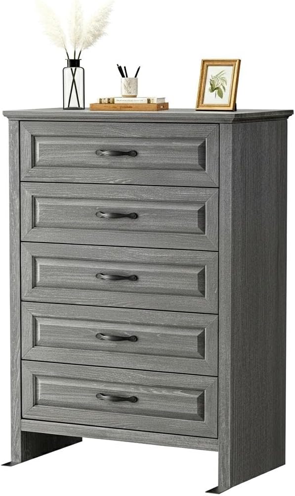 Marsail Farmhouse 5 Drawer Dresser, Wood Chest of Drawers with Natural Texture, Smooth Gliding Drawers, Versatile Storage Organizer Cabinet for Bedroom & Living Room, Grey