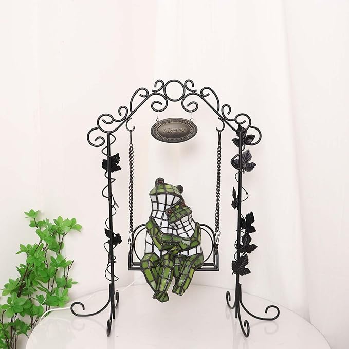Bieye L12001 Frogs on a Swing Tiffany Style Stained Glass Accent Table Lamp for Home Décor