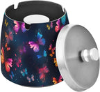 Butterflies Colorful Black Ashtray with Lid, Outdoor Ashtrays for Patio, Stainless Steel Ashtray Odorless Smokeless for Home Office Balcony