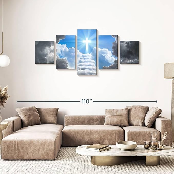 Elephant Stock Stairway To Jesus Christ Wall Art Multi Piece Canvas - 5 Panel Christian Pictures Decor - Digital Design Canvas Print - Christian Wall Decor - 80" X 36"