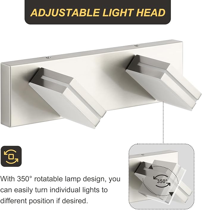 OKELI 2-Light Bathroom Vanity Light Fixture Brushed Nickel Modern Mirror Front Lamp for Bathroom, Stairs, Hallway Bedside Dimmable Cold White 24W ETL Listed, 350° Adjustable Lamp Head