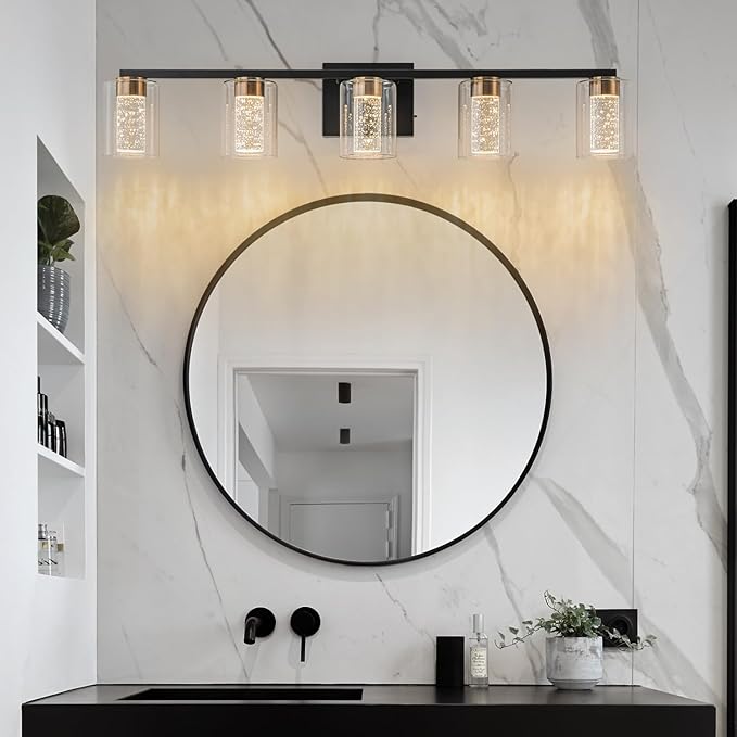 SineRise 5-Light Black and Gold Vanity Light with 3 Color Modes (3000K/4000K/6000K), Eye Protection LED Bathroom Light Fixture, Dimmable Modern Wall Light Over Mirror with Clear Glass Shade