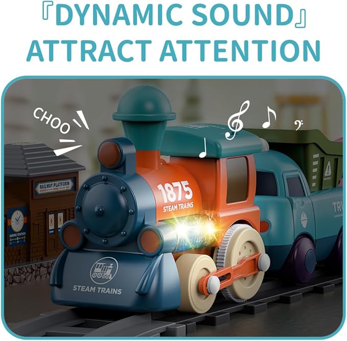 Kids Electric Train Toys with Tracks - Lighting & Music Trains for Boys Girls, Choo Choo Train，Magnetic Connection, Battery Operated, Birthday Gift for Boys Girls Age 4 5 6 7 8 (19052D-1)