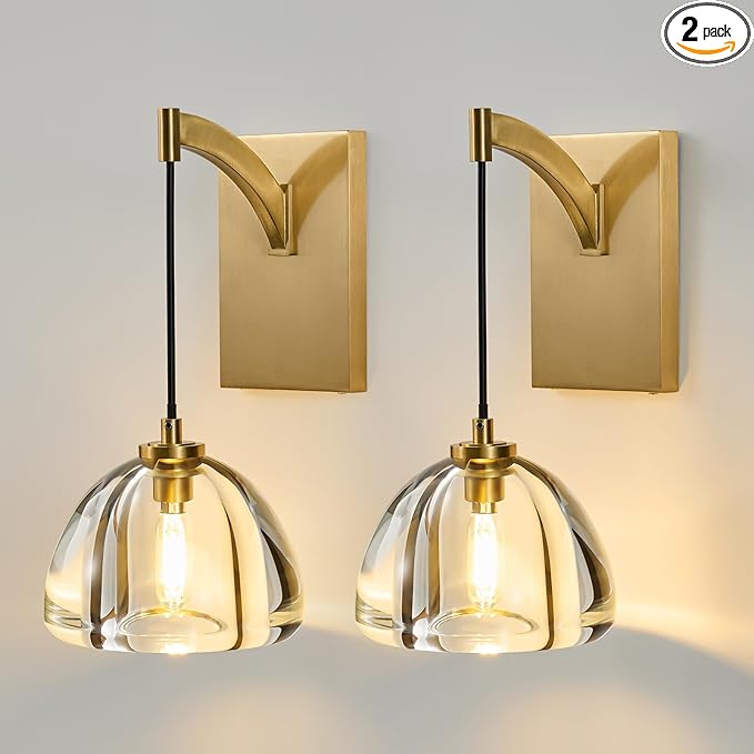 Crystal Brass Dome Wall Sconce - Luxury Brushed Lighting Fixture with K9 Crystals Cloche - Set of 2 Modern Gold Sconces - Dimmable Indoor Hanging Light for Bathroom Bedroom Living Room Stair Hallway