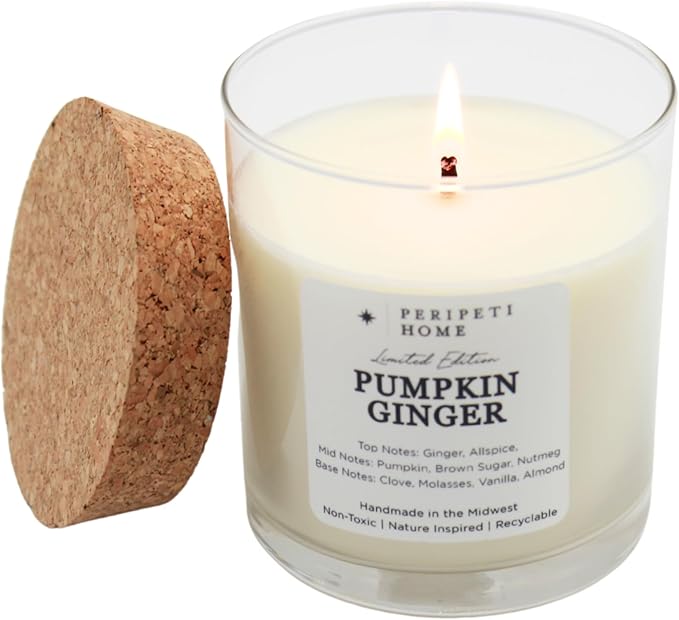 PERIPETI Home Pumpkin Ginger Scented Candle, Classic Wick – 8.5oz Natural Soy Wax for Energizing Aromatherapy, Long-Lasting Burn with a Cozy Fall Scent