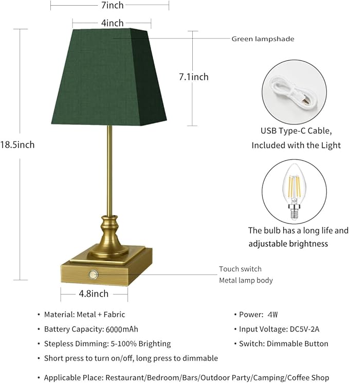Rechargeable LED Table Lamps with Stepless Touch Control,Golden Cordless Lamp for Living Room&Bedside&Patio&Shower,Small Desk Lamp(6000mAH Battery),2 Pack for Home Decor,Best Gifts for Family