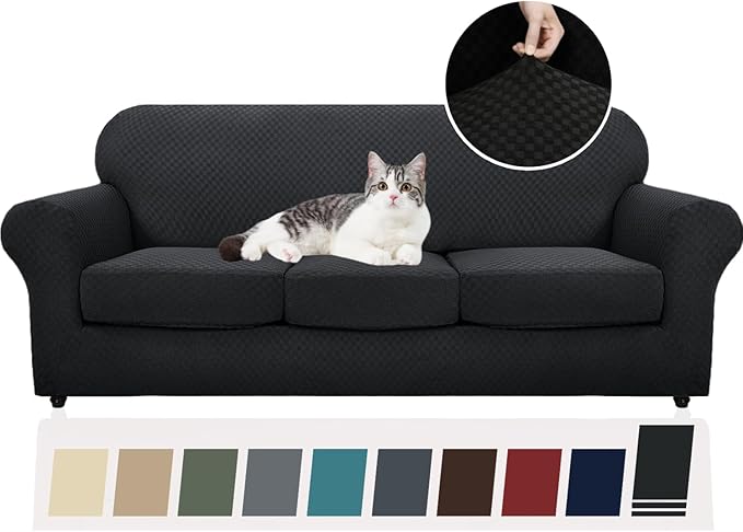 YEMYHOM Latest Checkered 4 Pieces Couch Covers for 3 Cushion Couch High Stretch Thickened Sofa Cover for Dogs Pets Elastic Slipcovers Living Room Furniture Protector (Black), 71"-91"(3 Cushions)