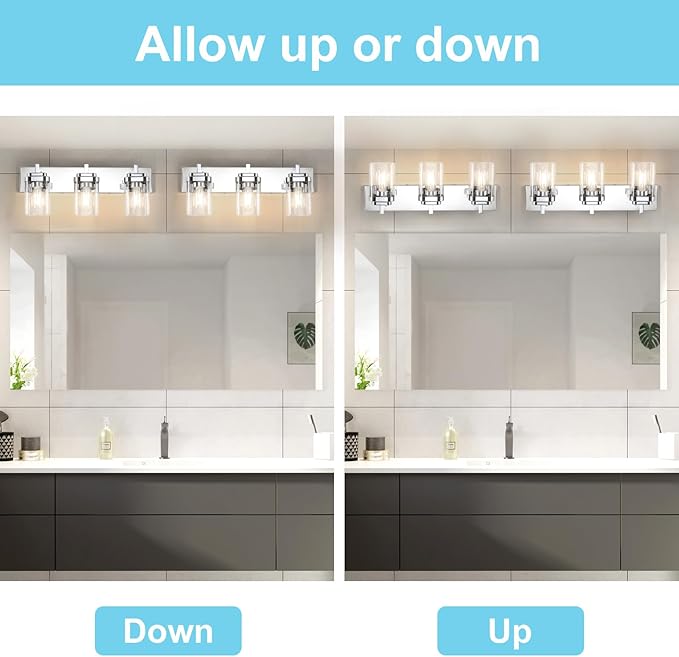 Vanity Light Fixture,3-Light Vanity Light for Bathroom,Chrome Bathroom Vanity Lighting Over Mirror with Square Clear Glass Shade for Restroom