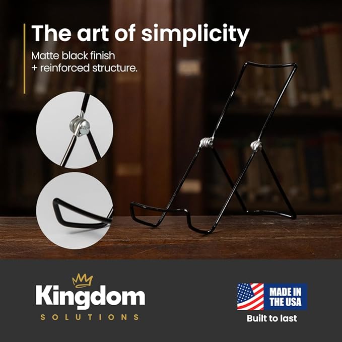 KINGDOM SOLUTIONS MADE IN USA 48-Pack Adjustable Black Metal Easels - Book Stand - Sturdy Plate Stand for Art, Pictures, Books, Frames - Unique on the Market