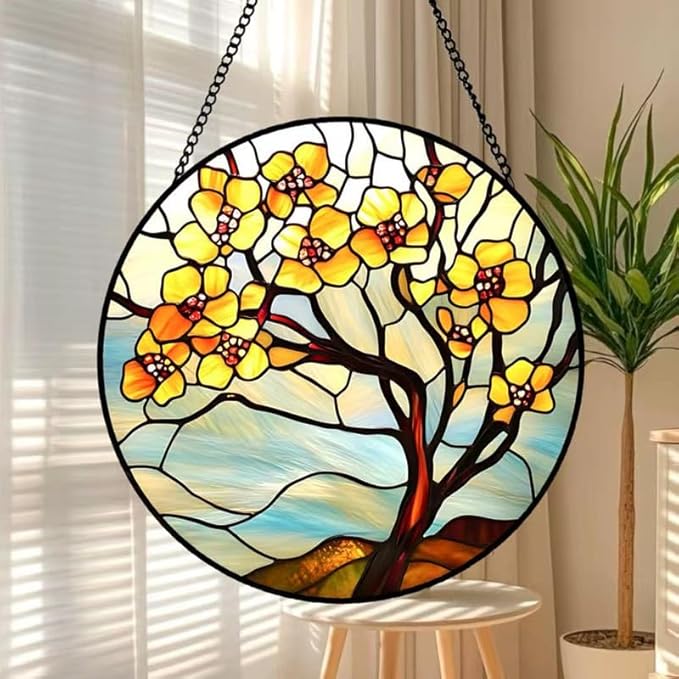 Yellow Blossom Tree Stained Glass Suncatcher Window Hanging Floral Glass Panel Nature Art Home Window Decoration Gift