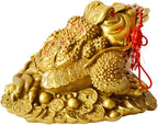 Brass Feng Shui Money Frog Three Legged Wealth Traditional Frog Money Toad Statue with Set of 5 Lucky Charm Ancient Coins on Red String Home Car Fengshui Decor (B1 Money Frog)