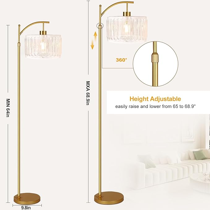 Glass Floor Lamp for Living Room,Bedroom,Gold Dimmable Standing Lamp with Remote,Brass White Tall Lamp Boho Mid Century Modern Floor Lamps Arc Floor Light Lamp Girls Kids Bohemian