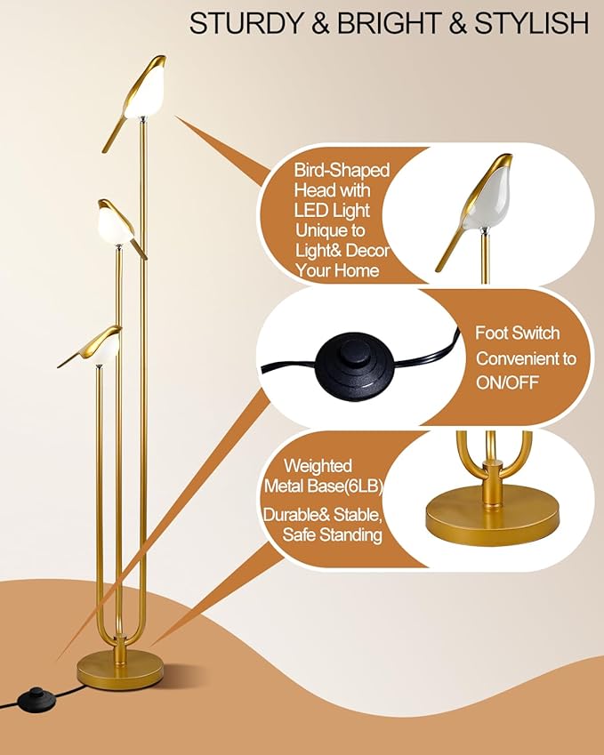 Lightdot Gold Floor Lamp for Living Room Modern Mid Century Standing Light with 3 Adjustable LED Bird Lights for Wedding Party Unique Tall Floor Lamp for Bedroom Kids Room/Sofa Beside/Corner Decor