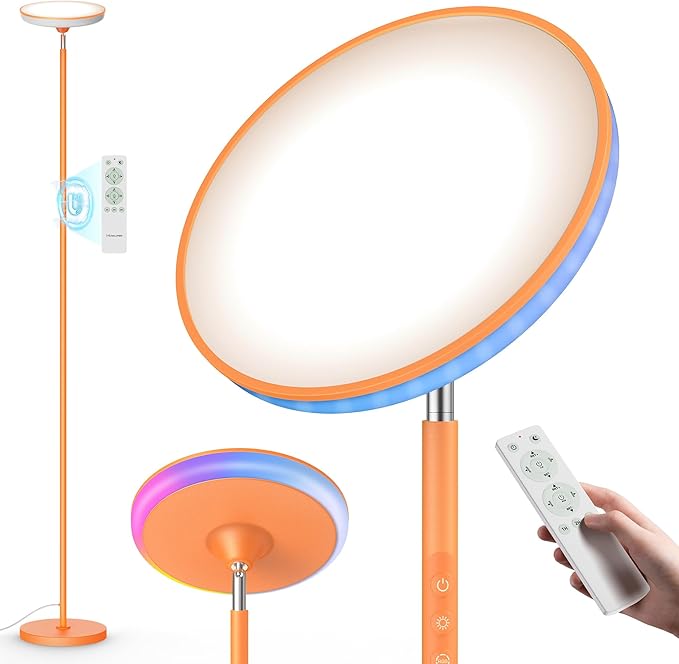 UFO Floor Lamp 71in, Upgraded 42W 3700LM LED Torchiere Floor Lamps for Living Room, Modern Tall Bright Standing Light with Remote, Dimmable Sky Light,1/2/3H Timer for Bedroom,Office(Orange)