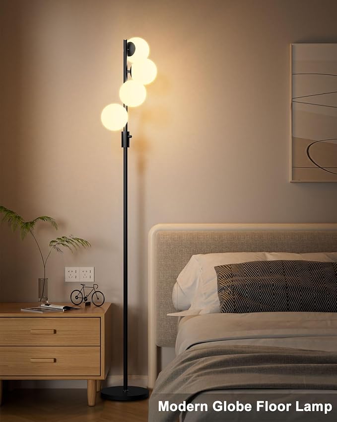 Lightdot 64IN Dimmable (Brightness Adjustable) Globe Floor Lamp, Black Standing Lamps with 4PCS 3000K Bulbs Included, Mid Century Modern Floor Lamp for Living Room/Sofa Beside/Corner Decor
