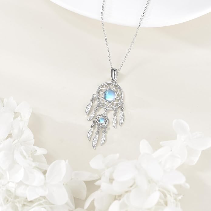 Dream Catcher Necklace Sterling Silver Moonstone Tree of Life Necklace for Women Dream Catcher Jewelry Gifts