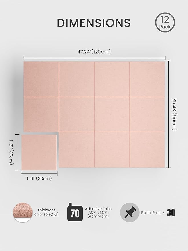 Bumusty Large Cork Board 48" x 36" Alternative - 12 Pack Felt Wall Tiles with 70 Safe Removable Adhesive Tabs, 30 Pushpins, Cork Boards for Walls Pin Board Bulletin Board Office Decor (Pink)