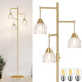Dimmable Floor Lamp for Living Room, Bedroom, Gold Standing Lamp with 3pcs 6W Bulbs, Vintage Brass Floor Lamps for Corner, Nursery (Clear Tulip)
