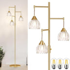 Dimmable Floor Lamp for Living Room, Bedroom, Gold Standing Lamp with 3pcs 6W Bulbs, Vintage Brass Floor Lamps for Corner, Nursery (Clear Tulip)