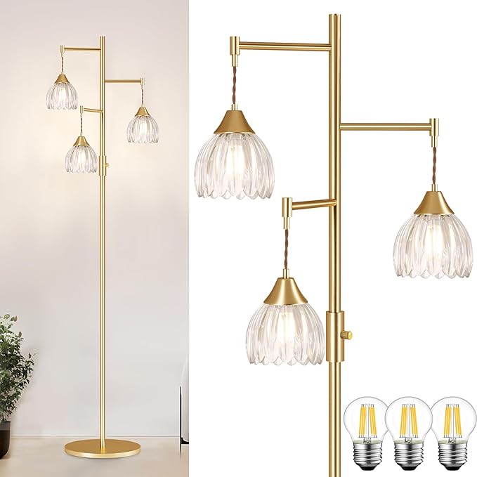 Dimmable Floor Lamp for Living Room, Bedroom, Gold Standing Lamp with 3pcs 6W Bulbs, Vintage Brass Floor Lamps for Corner, Nursery (Clear Tulip)