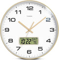 Wall Clock, 13" Dial Non-Ticking Silent Battery Operated Analog with LCD Display for Perpetual Calendar and F° Temperature, Ideal Modern Home, Bedroom, Kitchen, Office Decor (Gold)