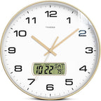Wall Clock, 13" Dial Non-Ticking Silent Battery Operated Analog with LCD Display for Perpetual Calendar and F° Temperature, Ideal Modern Home, Bedroom, Kitchen, Office Decor (Gold)