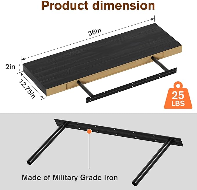 Floating Shelf, Set of 1 Wall Shelf, 36 in W x 12.75 in D x 2 in H Wooden Floating Wall Shelf with Invisible Brackets for Living Room/Bedroom/Bathroom/Kitchen Storage and Decor, Black Wood
