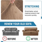 H.VERSAILTEX Sofa Cover 3 Piece T Cushion Loveseat Slipcovers Thick Velvet Couch Cover Furniture Protector Stretch T Cushion Sofa Covers for 2 Cushion Couch with 2 Individual T Cushion Covers, Camel