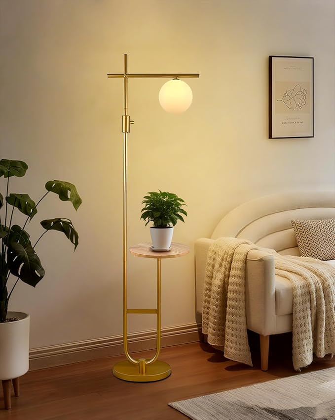 Lightdot 66IN Gold Dimmable Floor Lamps with Table, Modern Standing Tall Lamp with Globe Lampshade, Cross-Shaped Lamp Head U-Pole Base for Living Room/Bedroom/Sofa Beside/Corner Decor(Bulb Included)
