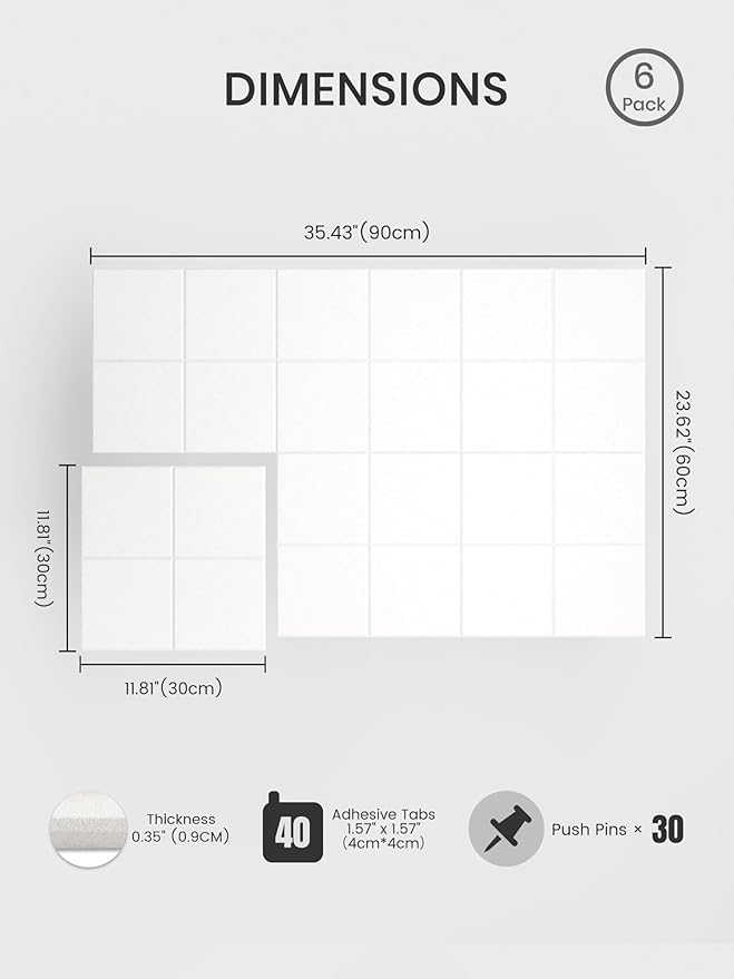 Bumusty Large Felt Bulletin Board, 36" x 24" Cork Board Alternative, 6-Pack Wall Tiles with 4-Compartment Design, 30 Push Pins, 40 Adhesive Tabs, Ideal for Office & Home Decor, Milky White