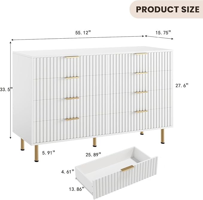 GarveeHome 8 Drawer Dresser for Bedroom, Fluted 55 in Wide Modern Chest of Drawers with Deep Drawers, Wooden Dresser Organizer for Living Room, Hallway, Kids Room, White