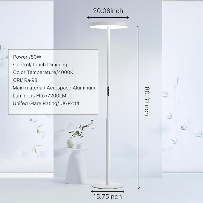 Floor Lamp Modern - Motion Sensor, Full Spectrum Standing Light for Bedroom, Living Room & Office - Double-Sided Illumination, 36000+h Lifetime, 7200LM, 4000K, White Floor Lamp, Natural Daylight