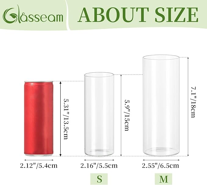 Glasseam Glass Cylinder Vase in Bulk: 12pcs Clear Small Bud Flower Vases for Centerpieces - Modern Hurricane Pillar or Floating Candle Holder for Wedding Party Table Living Room Home Decor, Tall 6"+7"