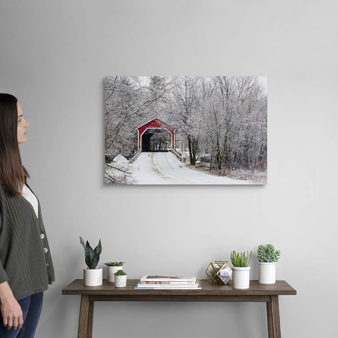 CANVAS ON DEMAND Red Covered Bridge in the Winter; Adamsville Quebec Canada Canvas Wall Art Print by David Chapman, Home Decor, Frost, Winter Artwork, 30"x20"