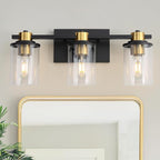LOUSACE Bathroom Light Fixtures Black and Gold, 3 Light Bathroom Vanity Light, Modern Bathroom Light over Mirror with Clear Glass Shades, Brushed Gold Socket Wall Vanity Lighting Fixtures for Bathroom