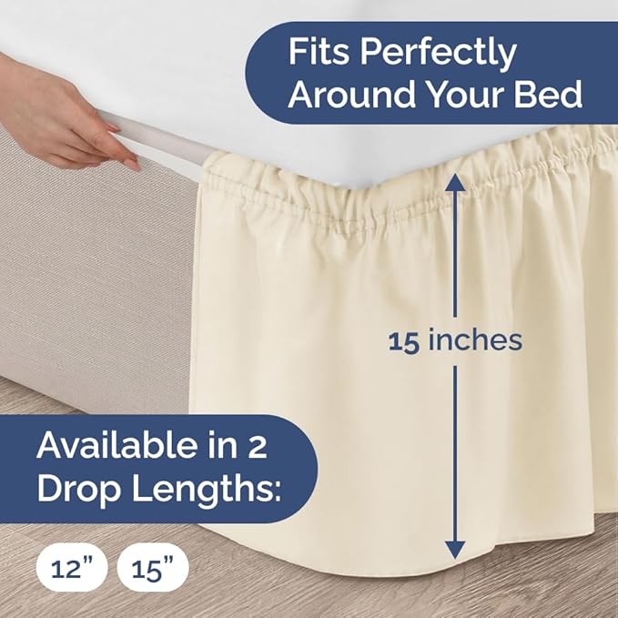 Wrap Around Dust Ruffle Bed Skirt - Off White - for King Size Beds w/ 15 Inch Drop - Easy Fit Elastic Strap - Adjustable Pleated Bedskirt w/Brushed Fabric - Wrinkle Free - Women, Men, Kids & Teens