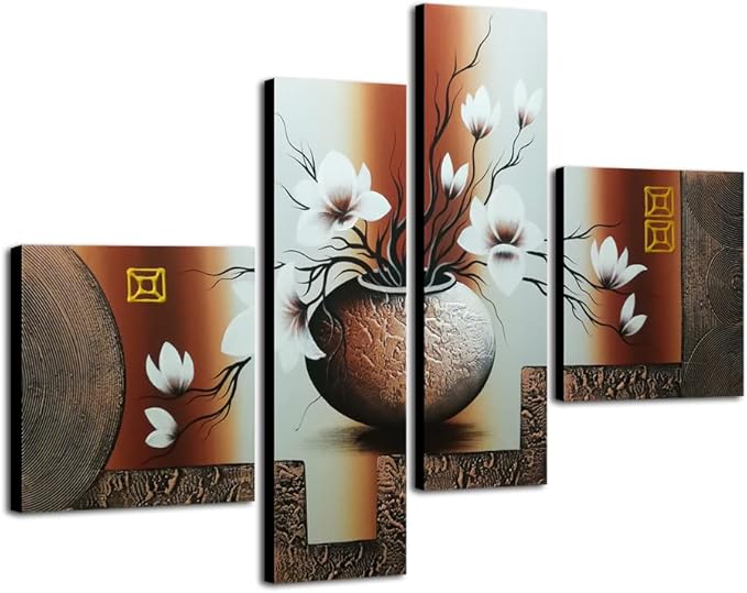 Wieco Art Large Size Decorative Elegant Flowers 4 Panels 100% Hand-painted Modern Contemporary Artwork Floral Oil Paintings on Canvas Wall Art for Home Decorations Wall Decor L