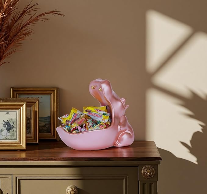 Hippo Statue, Hippo Resin Furniture Ornament Sculpture, Suitable for Home Decor, Desktop Hippo Candy Bowl, Entryway Table Storage Vessel, Storage Box (Pink)