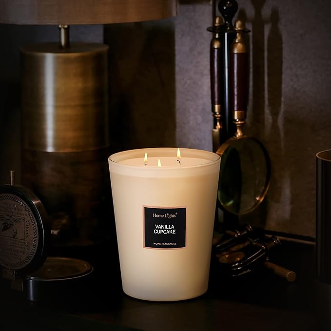 HomeLights Highly Scented Soy Candles Big 33.3 oz for Home. 3 Cotton Wicks, Smokeless Long Lasting 130 hrs in Vanilla Cupcake. 5x6, Great Gift for Women & Men