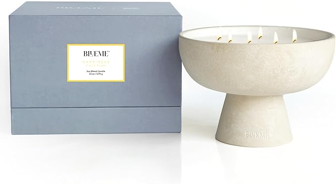 Blueme Happiness Candle | Yuzu & Ginger | 6 Wick - Refillable Wellness Candle with Essential Oils, Hand Finished & Poured Soy Wax Blend Ceramic Vessel, Natural Cotton Wicks | Giant 45 oz