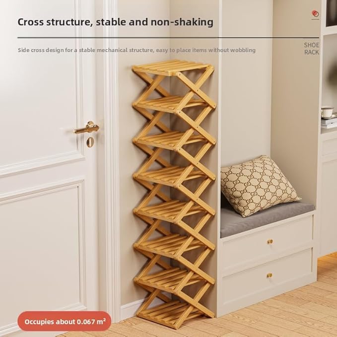Bamboo Shoe Rack Organizer, 2-10 Tiers, Natural or Tea Color, No-Tool Assembly, Foldable Storage Shelf (Installation Free 8 Layers 30-Primary Colors)