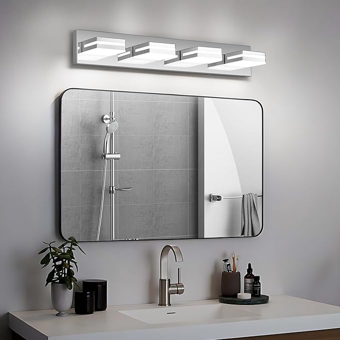 Modern LED Bathroom Lights Fixtures(4-Light),Stainless Steel Chrome Acrylic Wall Lighting,Vanity Lights for Bathroom Over Mirror(6000k 27in)