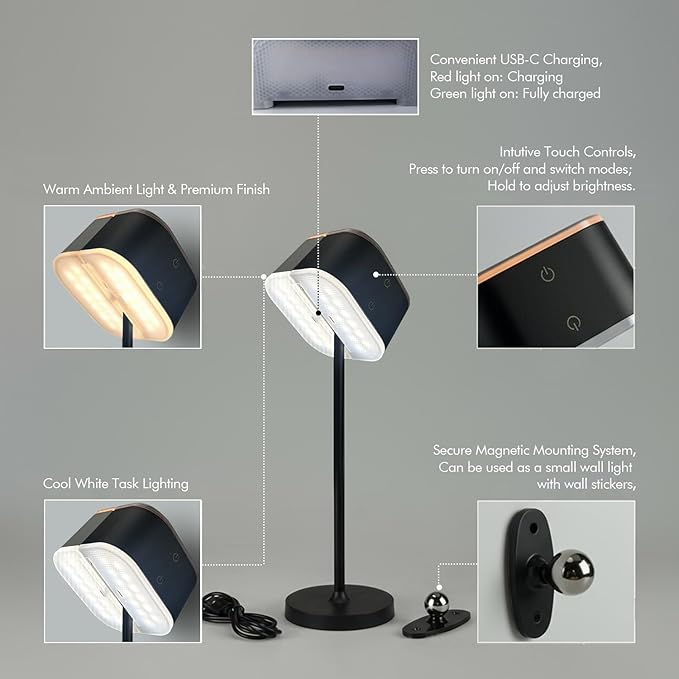 2 Pack Dual-Tone Rechargeable Cordless Desk Lamp – Black & White Portable Table Light, Type-C Charging Table lamp, Touch Control, 3 Color Temps, Stepless Dimming for Reading Study Bedside