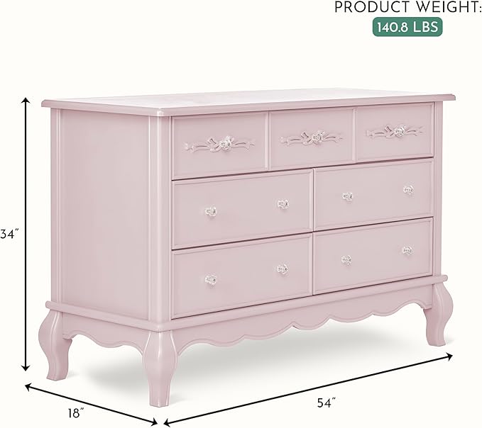 Evolur Aurora 7 Drawer Double Dresser, Dusty Rose